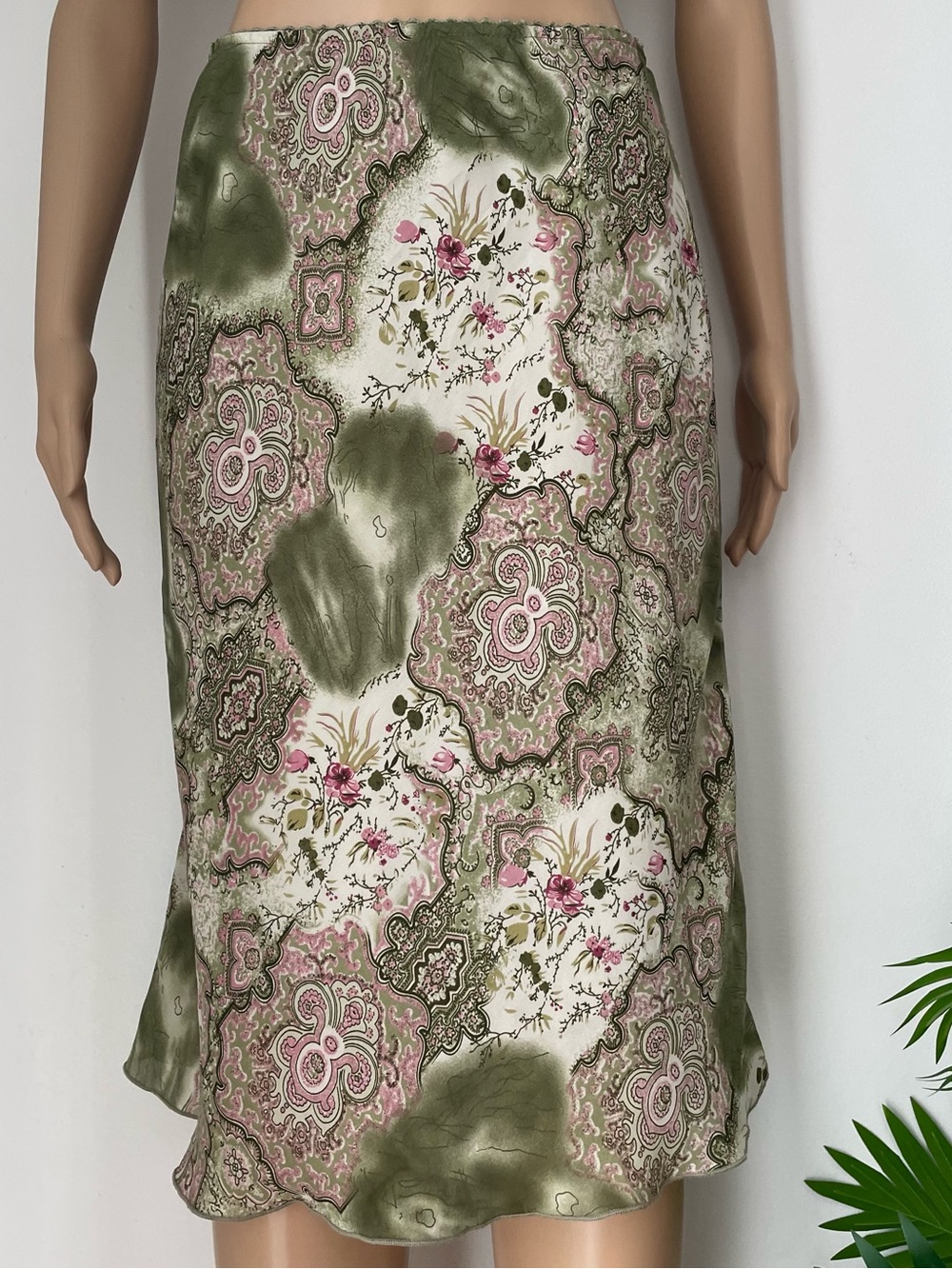 Olive and Pink Floral Midi Skirt